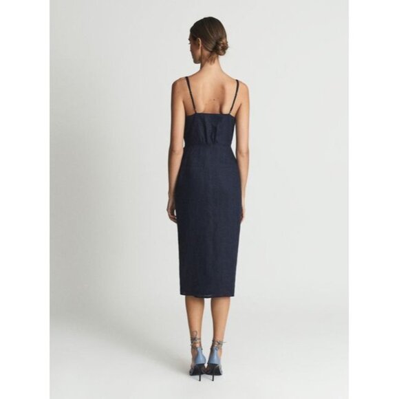 NWT REISS KAY TIE DETAIL NAVY  LINEN MIDI DRESS SIZE 2 - Picture 6 of 12